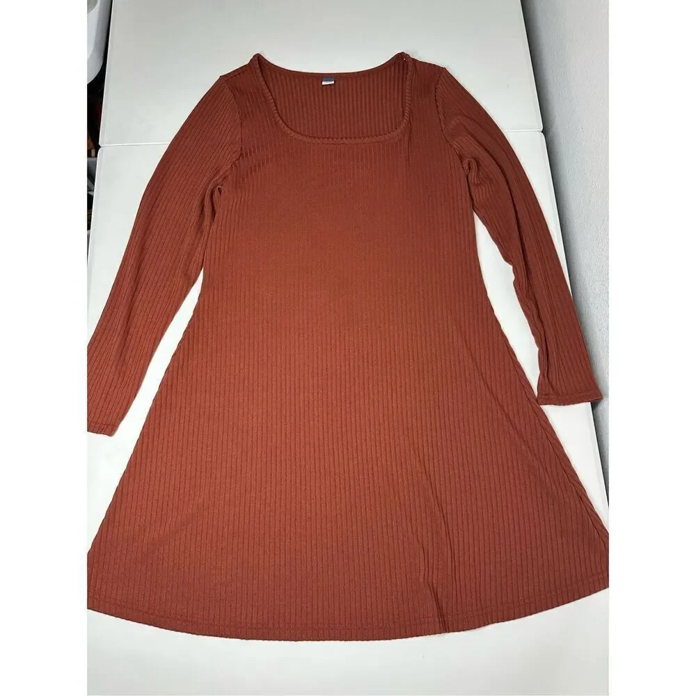 Old Navy Fit & Flare Rib-Knit Long-Sleeve Mini Dress Brown Size L Made